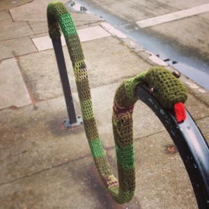 Yarn Bomb Snake on Bike Rack in St. Johns, Portland, Oregon