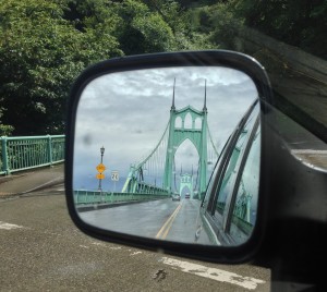 Looking back at the St. Johns Bridge in Portland, Oregon