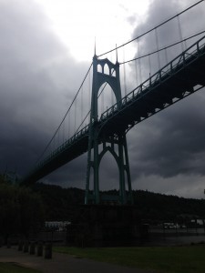 Storm passing the St. Johns Bridge in Portland, Oregon