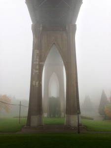 Cathedral Park shrouded in fog - St. Johns Bridge, Portland, Oregon