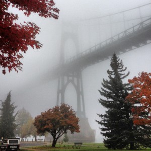 Foggy fall morning in Cathedral Park - St. Johns Bridge, Portland, Oregon