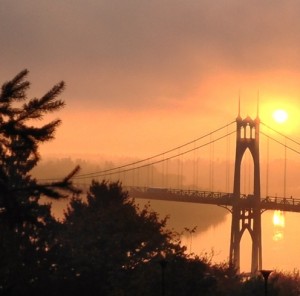 Sunrise behind the St. Johns Bridge - Portland, Oregon